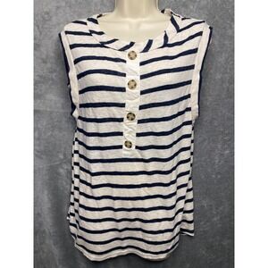 Hailey & Co Striped Sleeveless Button Neck Top Women's Medium Navy White Casual‎